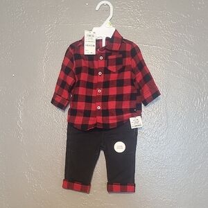 First Impressions Red & Black Plaid Shirt with Black Pants Set NWT 0-3 Months